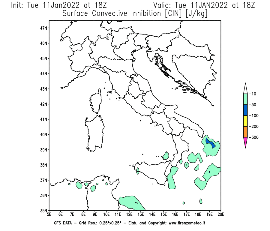 Mappa di analisi GFS - CIN [J/kg] in Italia
							del 11/01/2022 18 <!--googleoff: index-->UTC<!--googleon: index-->