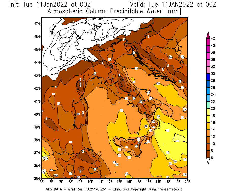 Mappa di analisi GFS - Precipitable Water [mm] in Italia
							del 11/01/2022 00 <!--googleoff: index-->UTC<!--googleon: index-->