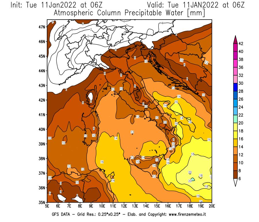 Mappa di analisi GFS - Precipitable Water [mm] in Italia
							del 11/01/2022 06 <!--googleoff: index-->UTC<!--googleon: index-->