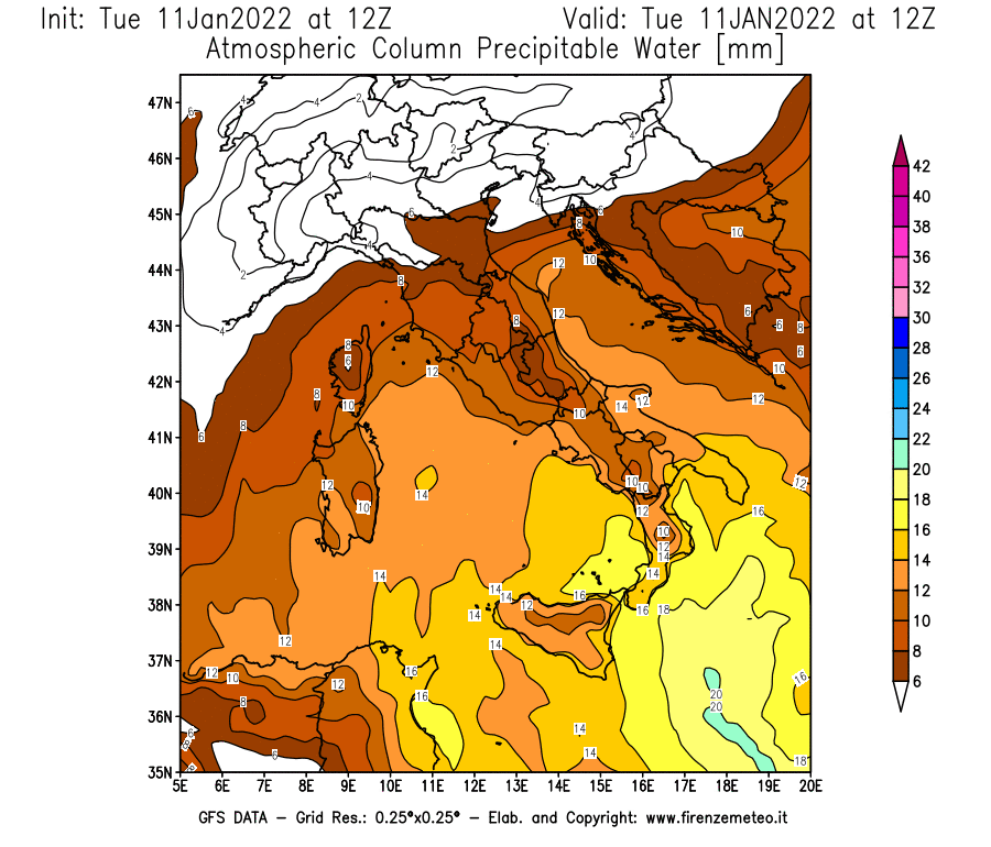 Mappa di analisi GFS - Precipitable Water [mm] in Italia
							del 11/01/2022 12 <!--googleoff: index-->UTC<!--googleon: index-->