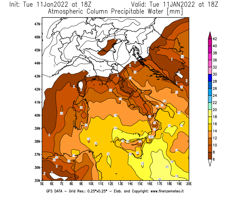 Mappa di analisi GFS - Precipitable Water [mm] in Italia
							del 11/01/2022 18 <!--googleoff: index-->UTC<!--googleon: index-->
