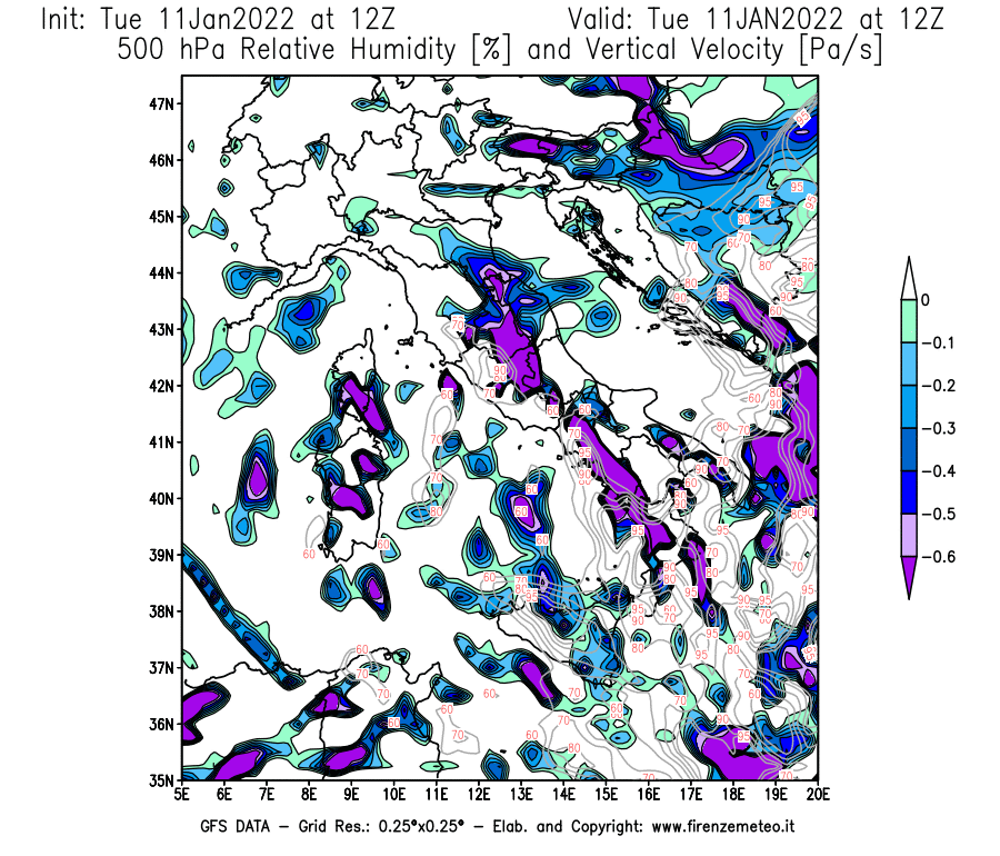 Mappa di analisi GFS - Umidità relativa [%] e Omega [Pa/s] a 500 hPa in Italia
							del 11/01/2022 12 <!--googleoff: index-->UTC<!--googleon: index-->