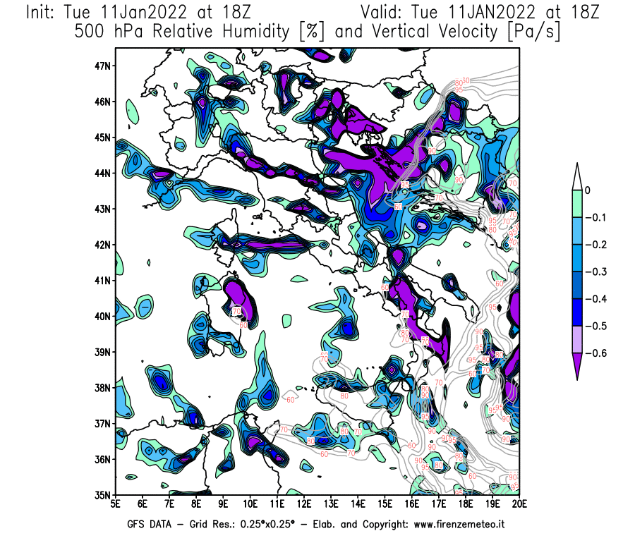 Mappa di analisi GFS - Umidità relativa [%] e Omega [Pa/s] a 500 hPa in Italia
							del 11/01/2022 18 <!--googleoff: index-->UTC<!--googleon: index-->