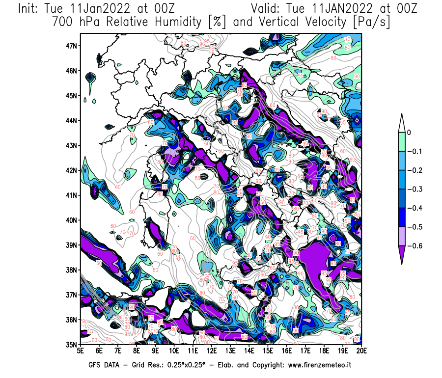 Mappa di analisi GFS - Umidità relativa [%] e Omega [Pa/s] a 700 hPa in Italia
							del 11/01/2022 00 <!--googleoff: index-->UTC<!--googleon: index-->