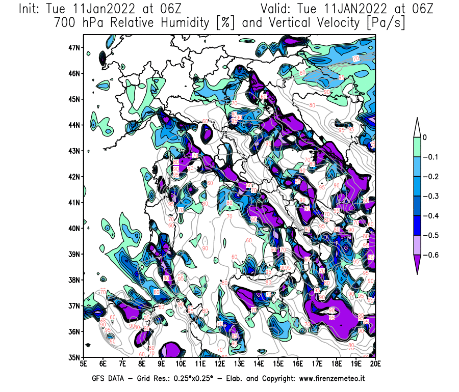 Mappa di analisi GFS - Umidità relativa [%] e Omega [Pa/s] a 700 hPa in Italia
							del 11/01/2022 06 <!--googleoff: index-->UTC<!--googleon: index-->