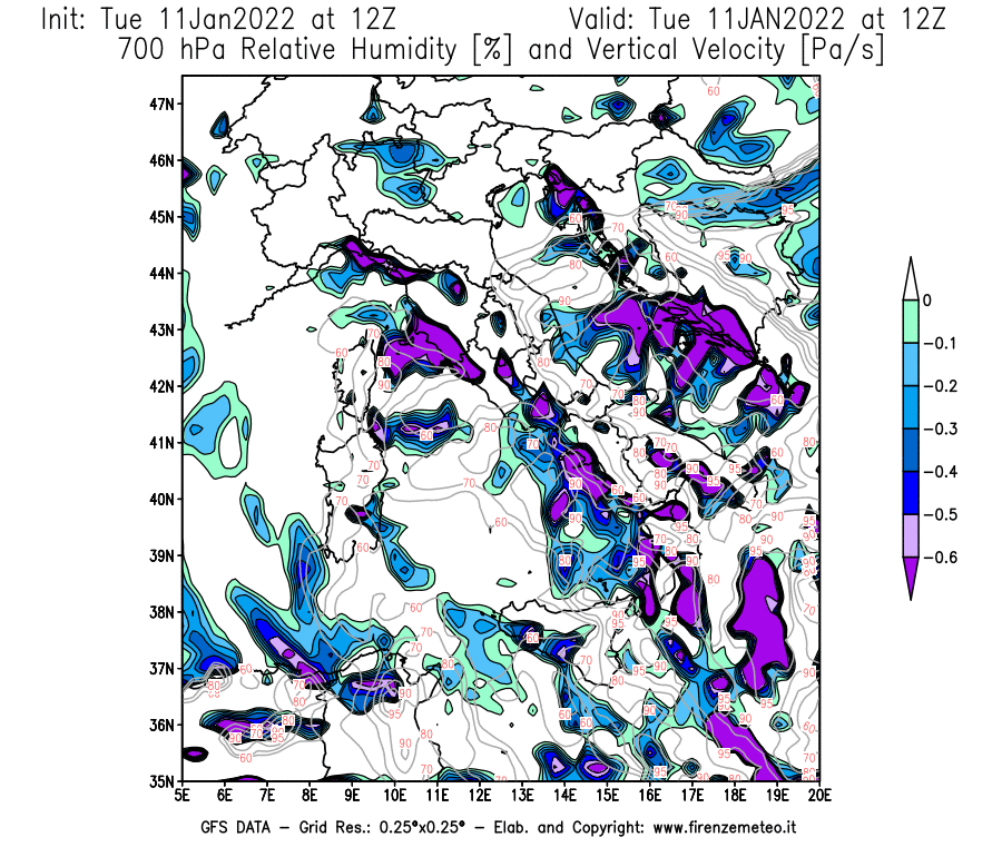 Mappa di analisi GFS - Umidità relativa [%] e Omega [Pa/s] a 700 hPa in Italia
							del 11/01/2022 12 <!--googleoff: index-->UTC<!--googleon: index-->