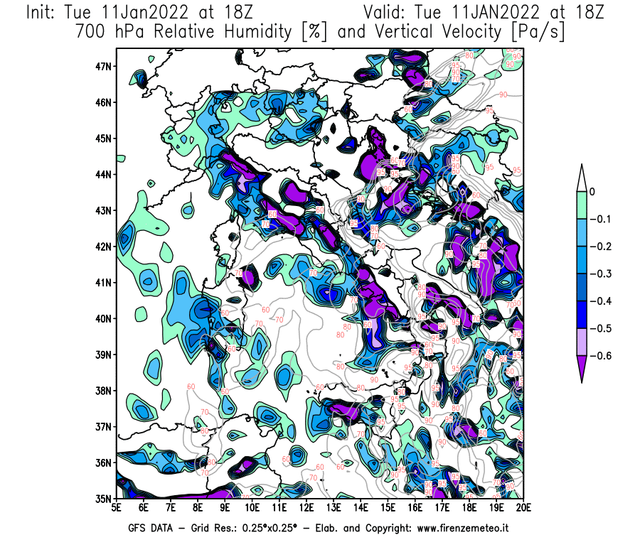 Mappa di analisi GFS - Umidità relativa [%] e Omega [Pa/s] a 700 hPa in Italia
							del 11/01/2022 18 <!--googleoff: index-->UTC<!--googleon: index-->