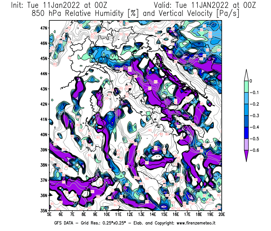 Mappa di analisi GFS - Umidità relativa [%] e Omega [Pa/s] a 850 hPa in Italia
							del 11/01/2022 00 <!--googleoff: index-->UTC<!--googleon: index-->