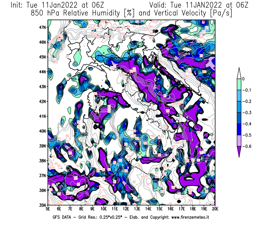 Mappa di analisi GFS - Umidità relativa [%] e Omega [Pa/s] a 850 hPa in Italia
							del 11/01/2022 06 <!--googleoff: index-->UTC<!--googleon: index-->