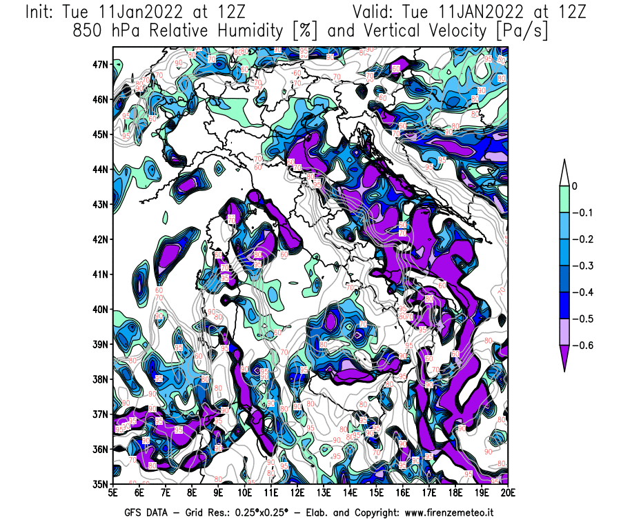 Mappa di analisi GFS - Umidità relativa [%] e Omega [Pa/s] a 850 hPa in Italia
							del 11/01/2022 12 <!--googleoff: index-->UTC<!--googleon: index-->