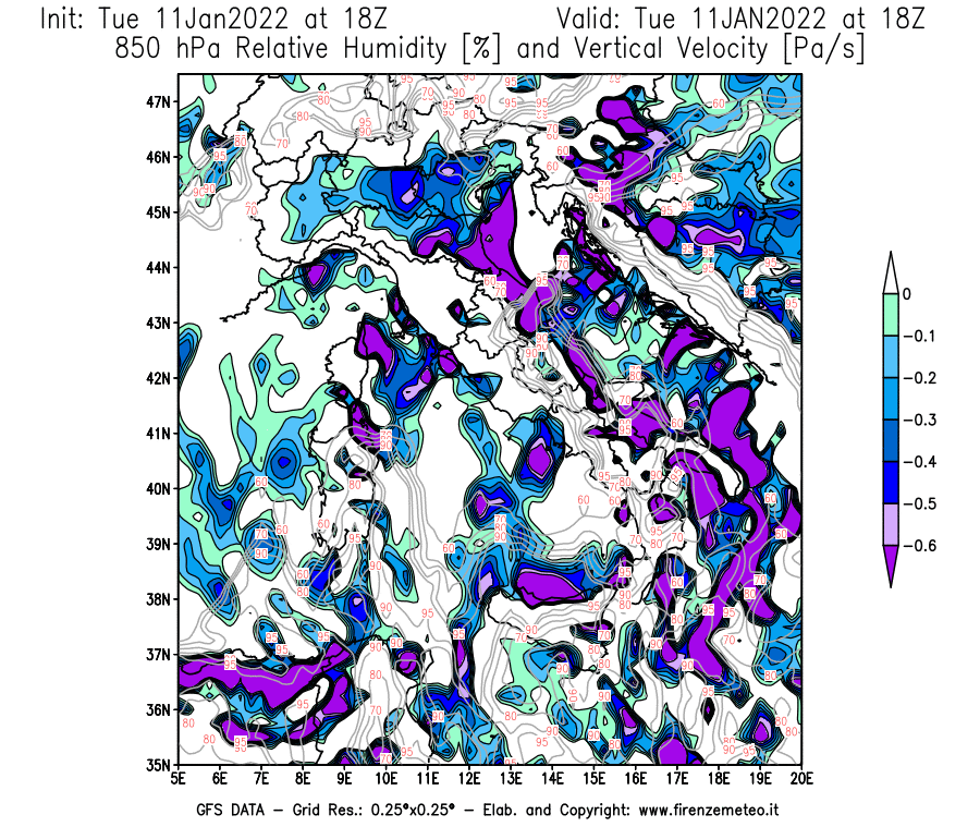 Mappa di analisi GFS - Umidità relativa [%] e Omega [Pa/s] a 850 hPa in Italia
							del 11/01/2022 18 <!--googleoff: index-->UTC<!--googleon: index-->