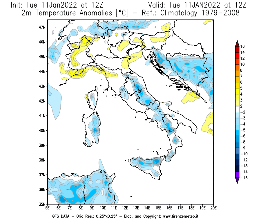 Mappa di analisi GFS - Anomalia Temperatura [°C] a 2 m in Italia
							del 11/01/2022 12 <!--googleoff: index-->UTC<!--googleon: index-->