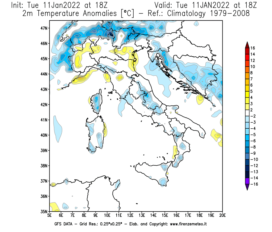 Mappa di analisi GFS - Anomalia Temperatura [°C] a 2 m in Italia
							del 11/01/2022 18 <!--googleoff: index-->UTC<!--googleon: index-->