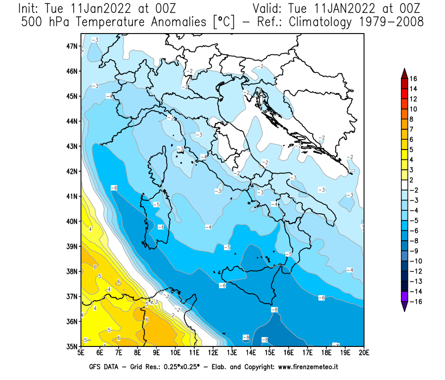 Mappa di analisi GFS - Anomalia Temperatura [°C] a 500 hPa in Italia
							del 11/01/2022 00 <!--googleoff: index-->UTC<!--googleon: index-->