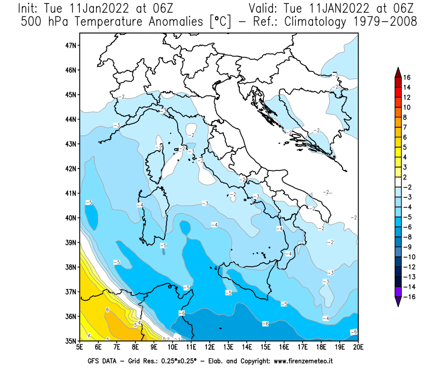 Mappa di analisi GFS - Anomalia Temperatura [°C] a 500 hPa in Italia
							del 11/01/2022 06 <!--googleoff: index-->UTC<!--googleon: index-->