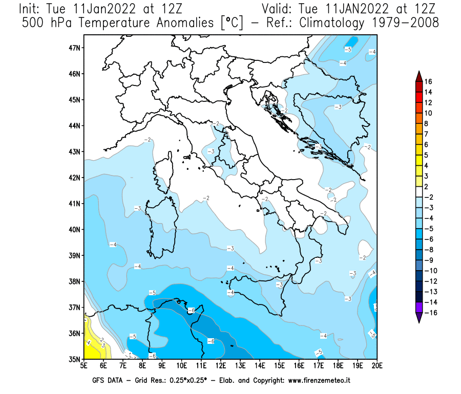 Mappa di analisi GFS - Anomalia Temperatura [°C] a 500 hPa in Italia
							del 11/01/2022 12 <!--googleoff: index-->UTC<!--googleon: index-->