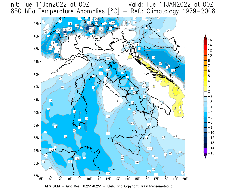 Mappa di analisi GFS - Anomalia Temperatura [°C] a 850 hPa in Italia
							del 11/01/2022 00 <!--googleoff: index-->UTC<!--googleon: index-->