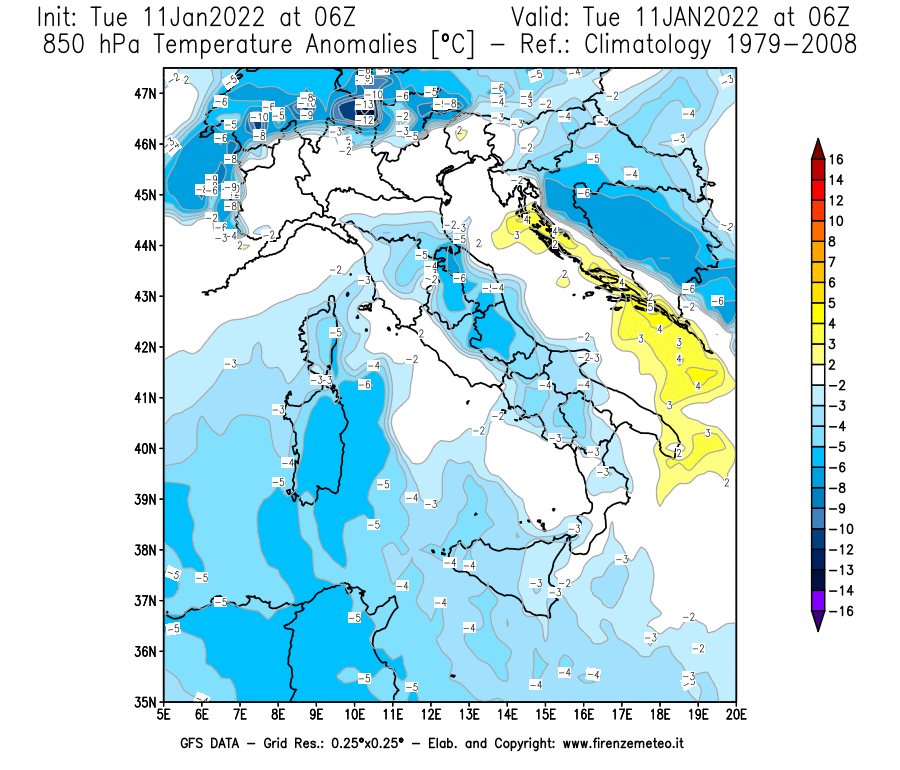 Mappa di analisi GFS - Anomalia Temperatura [°C] a 850 hPa in Italia
							del 11/01/2022 06 <!--googleoff: index-->UTC<!--googleon: index-->