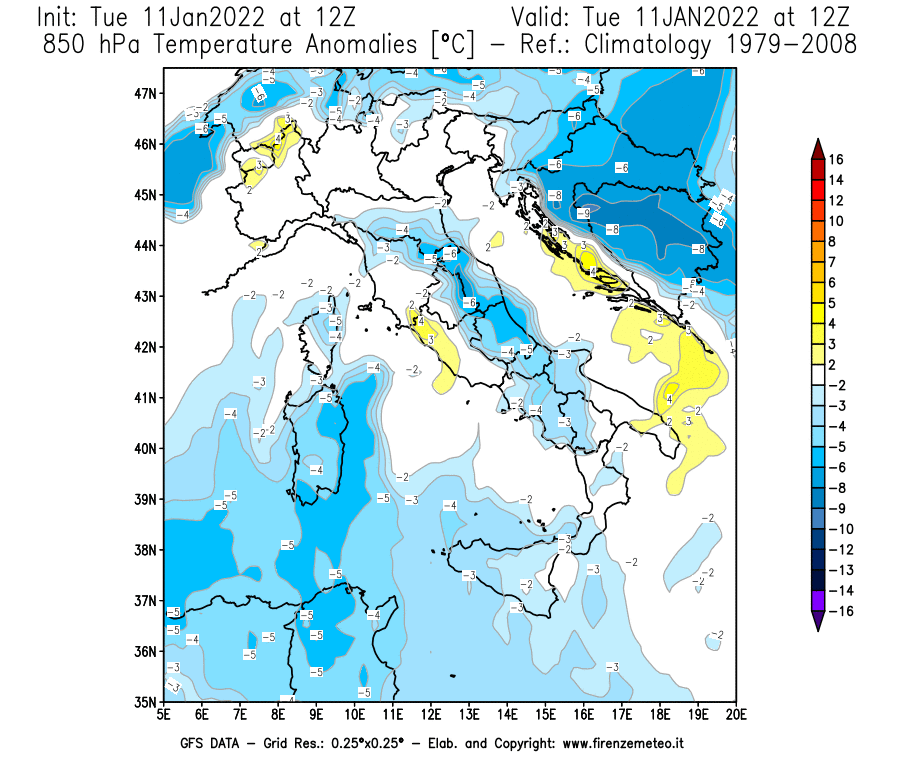Mappa di analisi GFS - Anomalia Temperatura [°C] a 850 hPa in Italia
							del 11/01/2022 12 <!--googleoff: index-->UTC<!--googleon: index-->