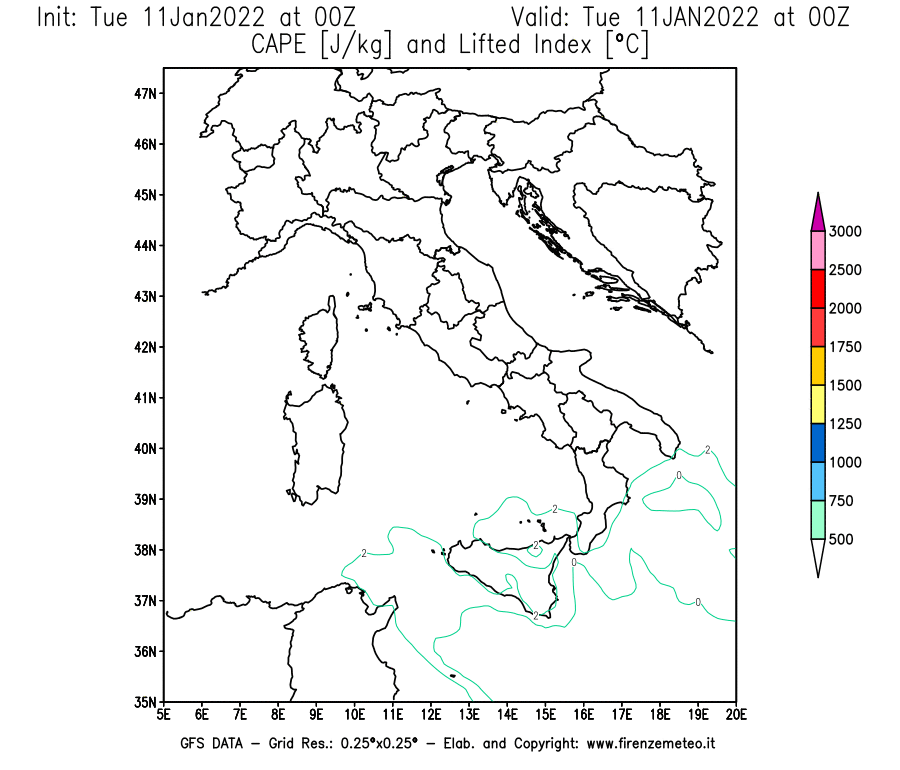 Mappa di analisi GFS - CAPE [J/kg] e Lifted Index [°C] in Italia
							del 11/01/2022 00 <!--googleoff: index-->UTC<!--googleon: index-->