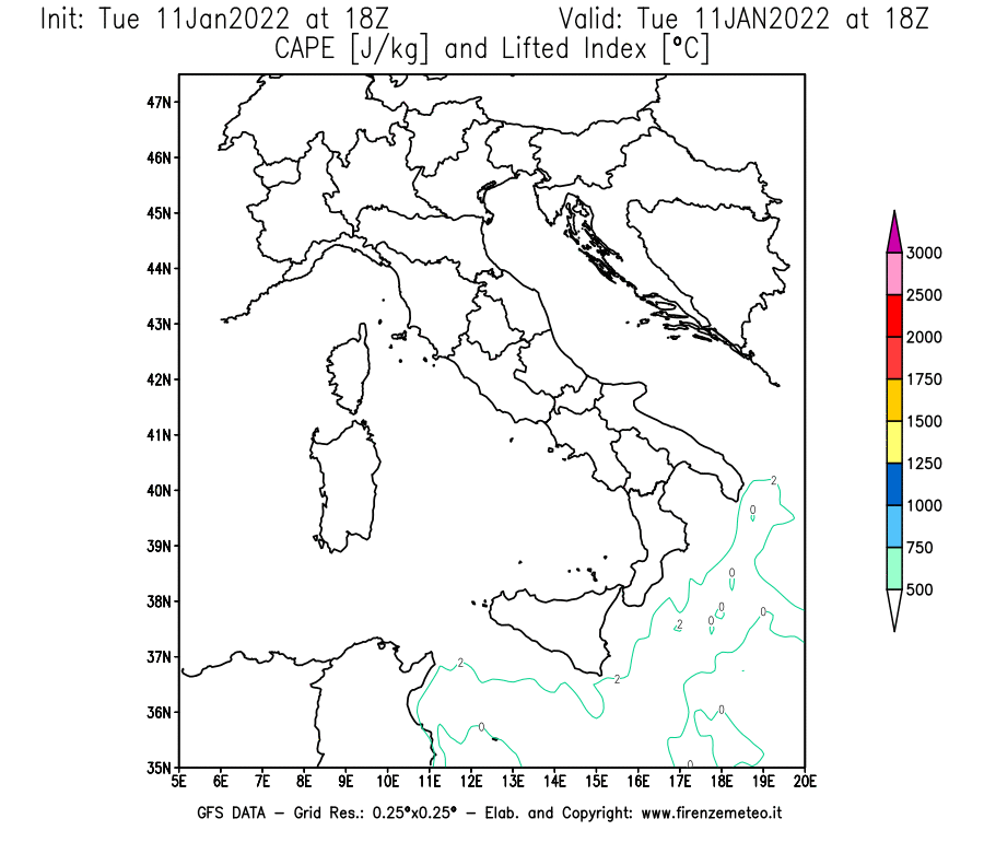 Mappa di analisi GFS - CAPE [J/kg] e Lifted Index [°C] in Italia
							del 11/01/2022 18 <!--googleoff: index-->UTC<!--googleon: index-->