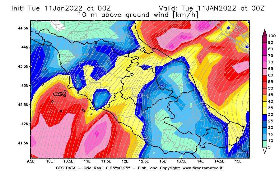 Mappa di analisi GFS - Velocità del vento a 10 metri dal suolo [km/h] in Centro-Italia
							del 11/01/2022 00 <!--googleoff: index-->UTC<!--googleon: index-->