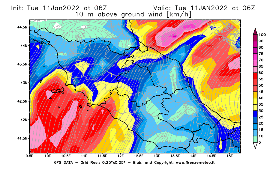 Mappa di analisi GFS - Velocità del vento a 10 metri dal suolo [km/h] in Centro-Italia
							del 11/01/2022 06 <!--googleoff: index-->UTC<!--googleon: index-->