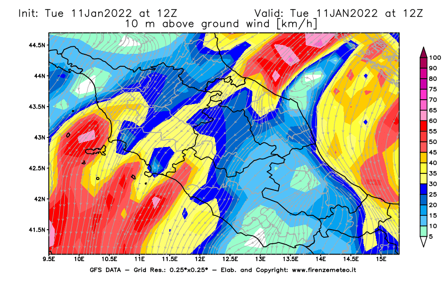 Mappa di analisi GFS - Velocità del vento a 10 metri dal suolo [km/h] in Centro-Italia
							del 11/01/2022 12 <!--googleoff: index-->UTC<!--googleon: index-->