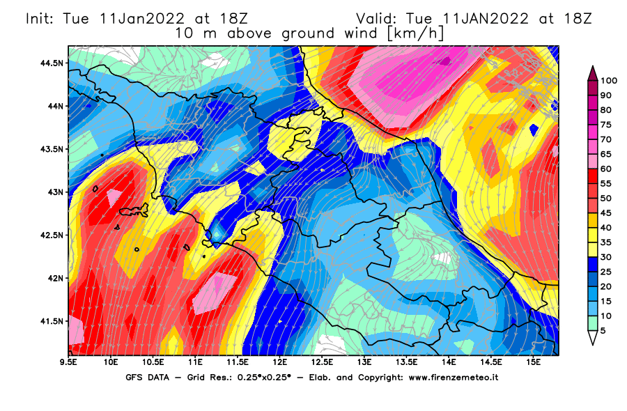 Mappa di analisi GFS - Velocità del vento a 10 metri dal suolo [km/h] in Centro-Italia
							del 11/01/2022 18 <!--googleoff: index-->UTC<!--googleon: index-->