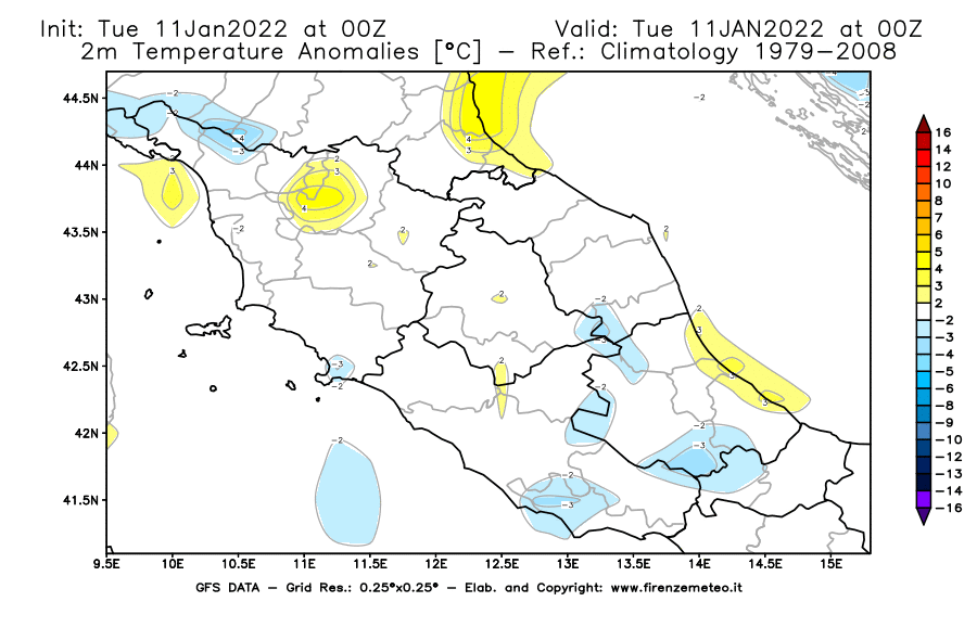 Mappa di analisi GFS - Anomalia Temperatura [°C] a 2 m in Centro-Italia
							del 11/01/2022 00 <!--googleoff: index-->UTC<!--googleon: index-->