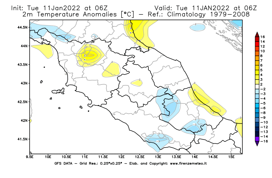 Mappa di analisi GFS - Anomalia Temperatura [°C] a 2 m in Centro-Italia
							del 11/01/2022 06 <!--googleoff: index-->UTC<!--googleon: index-->