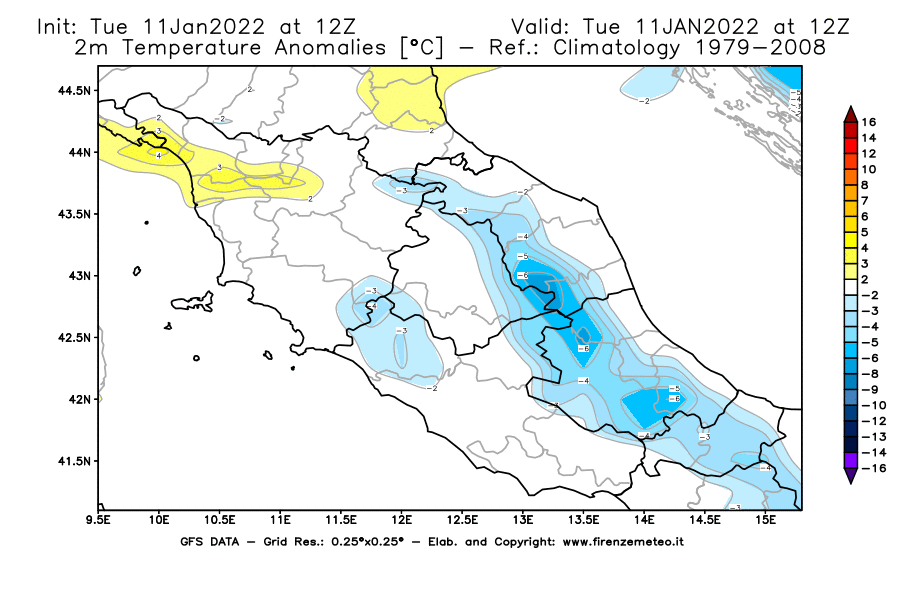 Mappa di analisi GFS - Anomalia Temperatura [°C] a 2 m in Centro-Italia
							del 11/01/2022 12 <!--googleoff: index-->UTC<!--googleon: index-->