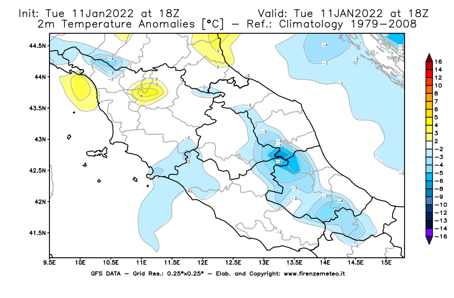 Mappa di analisi GFS - Anomalia Temperatura [°C] a 2 m in Centro-Italia
							del 11/01/2022 18 <!--googleoff: index-->UTC<!--googleon: index-->