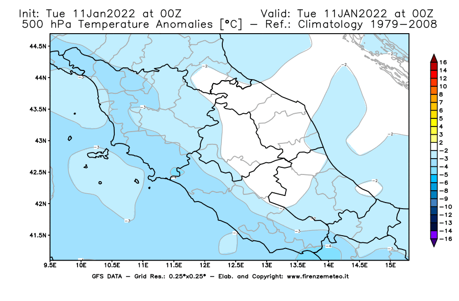 Mappa di analisi GFS - Anomalia Temperatura [°C] a 500 hPa in Centro-Italia
							del 11/01/2022 00 <!--googleoff: index-->UTC<!--googleon: index-->