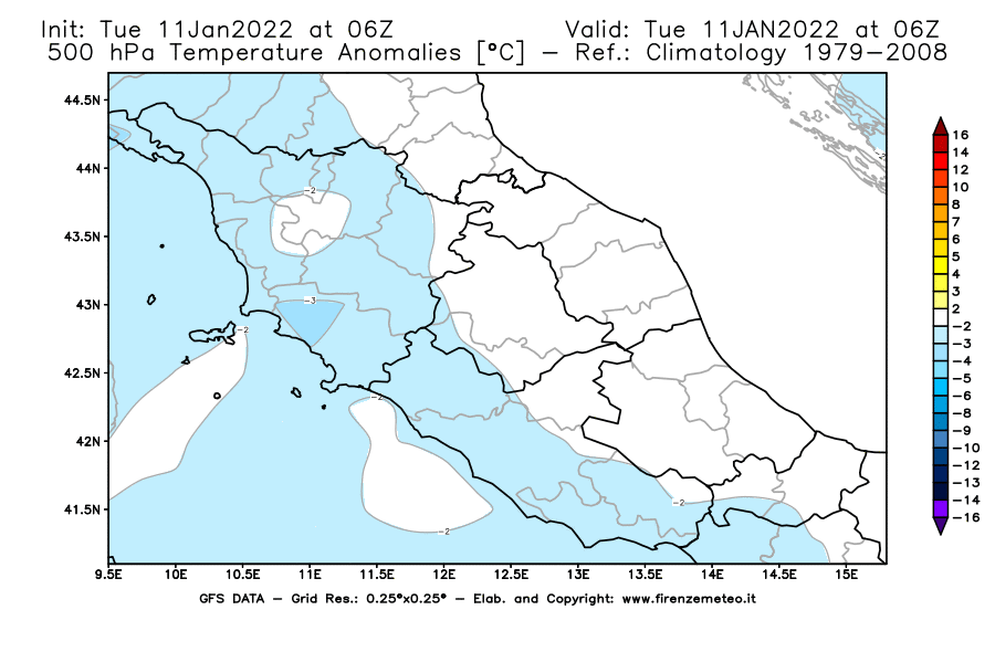 Mappa di analisi GFS - Anomalia Temperatura [°C] a 500 hPa in Centro-Italia
							del 11/01/2022 06 <!--googleoff: index-->UTC<!--googleon: index-->