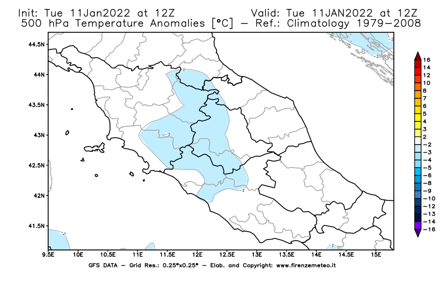 Mappa di analisi GFS - Anomalia Temperatura [°C] a 500 hPa in Centro-Italia
							del 11/01/2022 12 <!--googleoff: index-->UTC<!--googleon: index-->