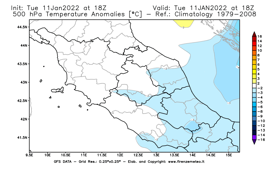 Mappa di analisi GFS - Anomalia Temperatura [°C] a 500 hPa in Centro-Italia
							del 11/01/2022 18 <!--googleoff: index-->UTC<!--googleon: index-->