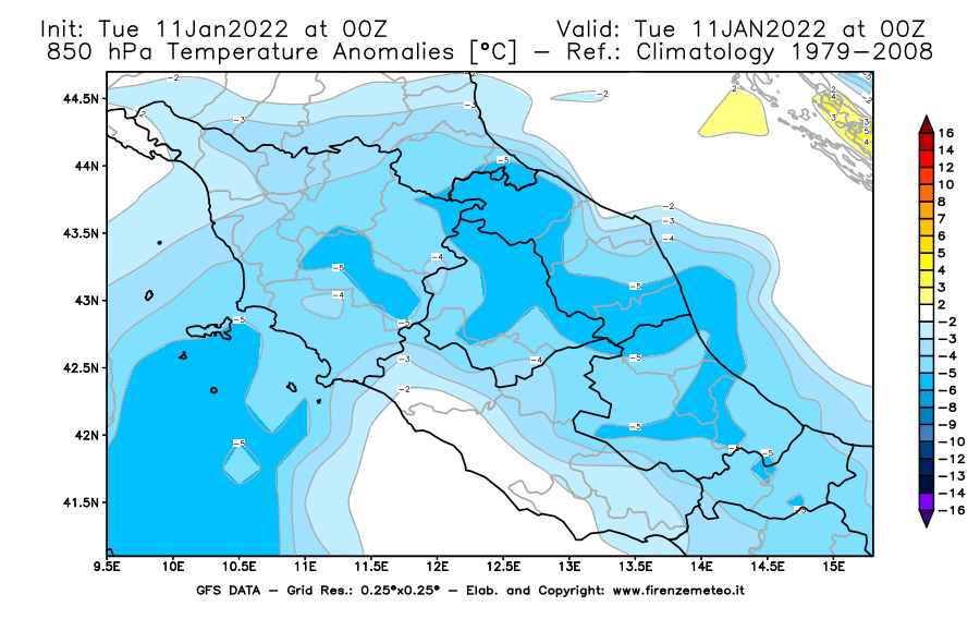 Mappa di analisi GFS - Anomalia Temperatura [°C] a 850 hPa in Centro-Italia
							del 11/01/2022 00 <!--googleoff: index-->UTC<!--googleon: index-->