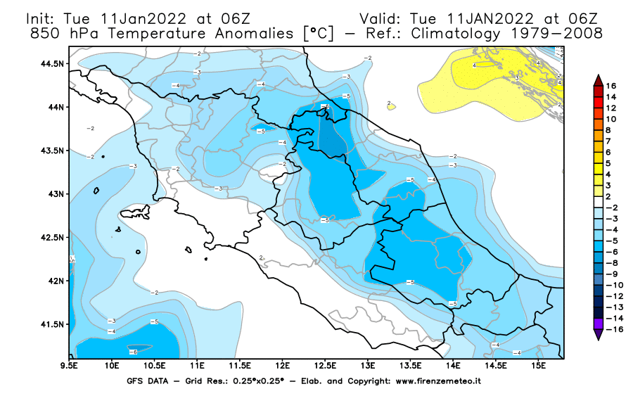 Mappa di analisi GFS - Anomalia Temperatura [°C] a 850 hPa in Centro-Italia
							del 11/01/2022 06 <!--googleoff: index-->UTC<!--googleon: index-->