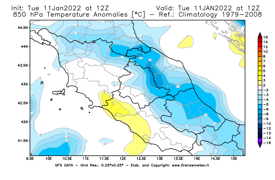 Mappa di analisi GFS - Anomalia Temperatura [°C] a 850 hPa in Centro-Italia
							del 11/01/2022 12 <!--googleoff: index-->UTC<!--googleon: index-->