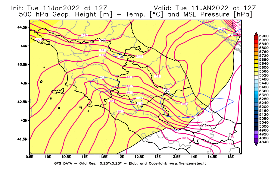 Mappa di analisi GFS - Geopotenziale [m] + Temp. [°C] a 500 hPa + Press. a livello del mare [hPa] in Centro-Italia
							del 11/01/2022 12 <!--googleoff: index-->UTC<!--googleon: index-->