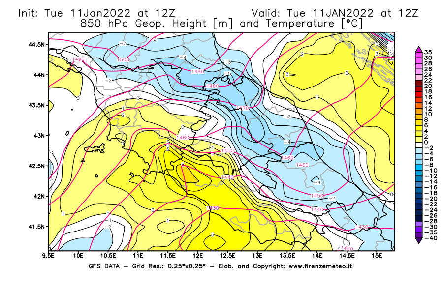 Mappa di analisi GFS - Geopotenziale [m] e Temperatura [°C] a 850 hPa in Centro-Italia
							del 11/01/2022 12 <!--googleoff: index-->UTC<!--googleon: index-->