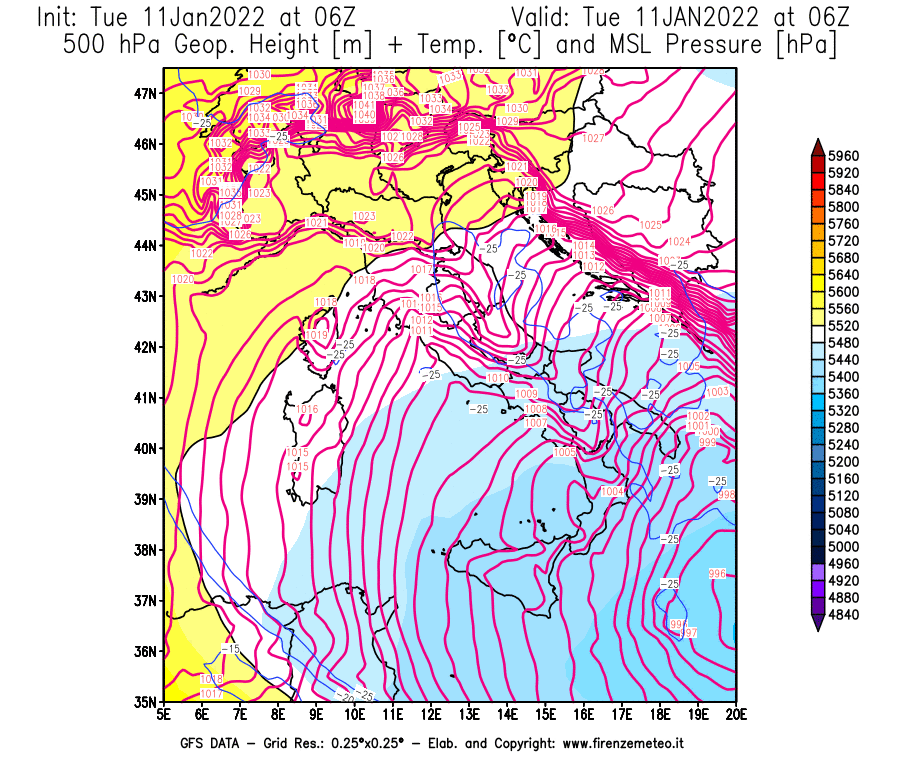 Mappa di analisi GFS - Geopotenziale [m] + Temp. [°C] a 500 hPa + Press. a livello del mare [hPa] in Italia
							del 11/01/2022 06 <!--googleoff: index-->UTC<!--googleon: index-->