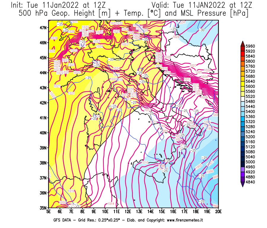 Mappa di analisi GFS - Geopotenziale [m] + Temp. [°C] a 500 hPa + Press. a livello del mare [hPa] in Italia
							del 11/01/2022 12 <!--googleoff: index-->UTC<!--googleon: index-->