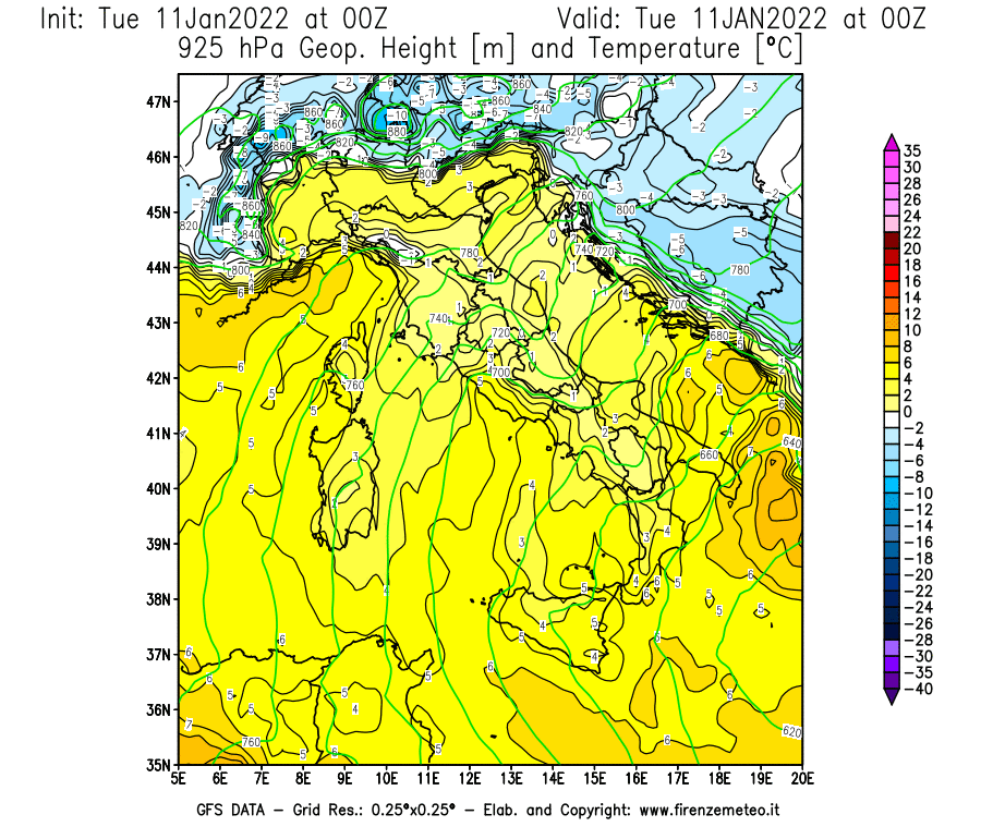 Mappa di analisi GFS - Geopotenziale [m] e Temperatura [°C] a 925 hPa in Italia
							del 11/01/2022 00 <!--googleoff: index-->UTC<!--googleon: index-->