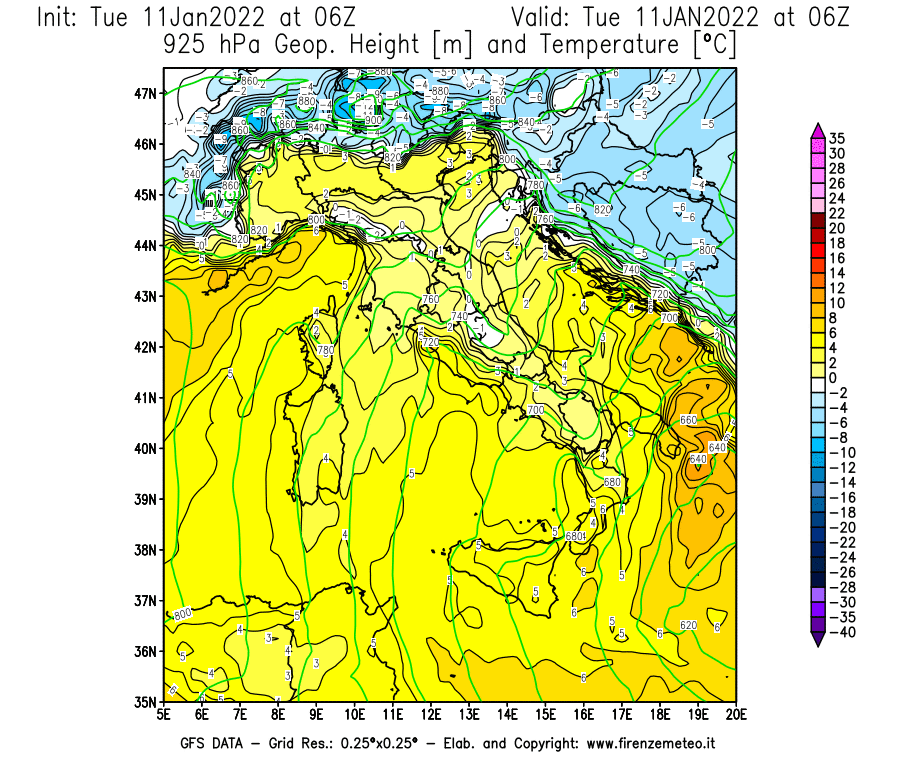 Mappa di analisi GFS - Geopotenziale [m] e Temperatura [°C] a 925 hPa in Italia
							del 11/01/2022 06 <!--googleoff: index-->UTC<!--googleon: index-->