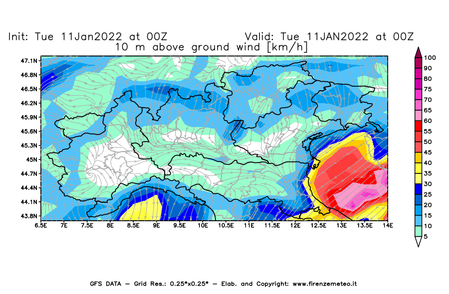 Mappa di analisi GFS - Velocità del vento a 10 metri dal suolo [km/h] in Nord-Italia
							del 11/01/2022 00 <!--googleoff: index-->UTC<!--googleon: index-->