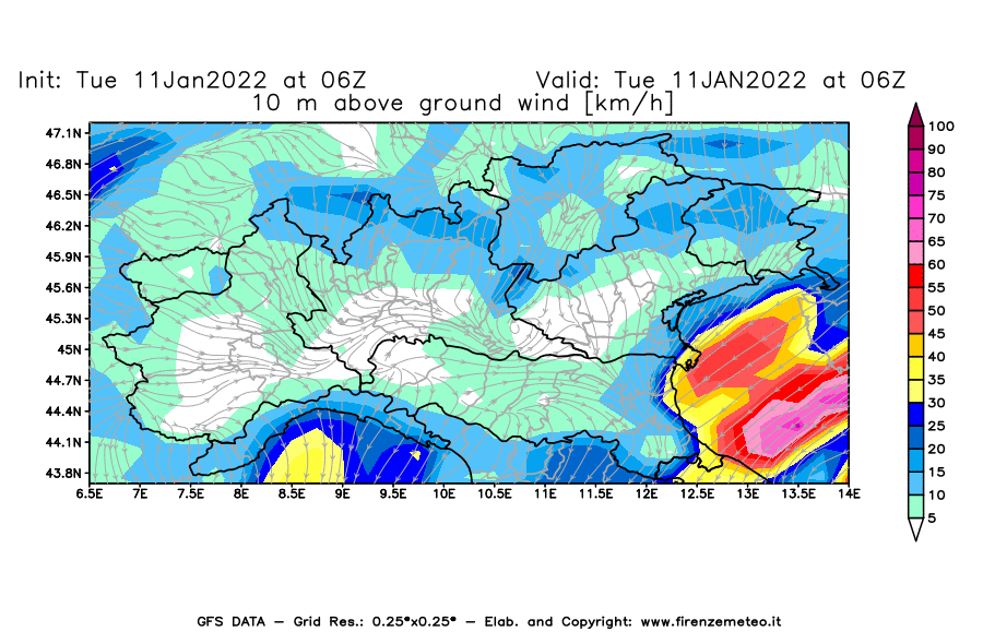 Mappa di analisi GFS - Velocità del vento a 10 metri dal suolo [km/h] in Nord-Italia
							del 11/01/2022 06 <!--googleoff: index-->UTC<!--googleon: index-->