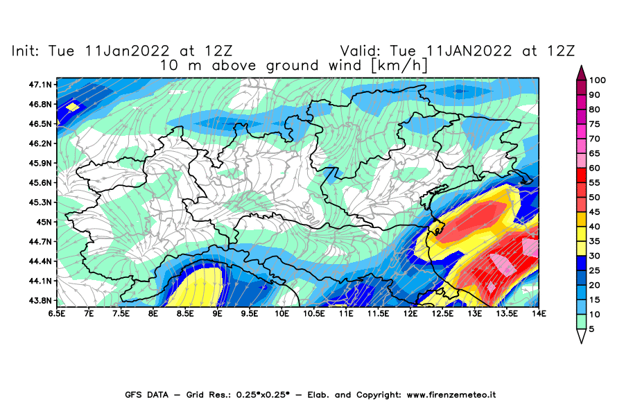 Mappa di analisi GFS - Velocità del vento a 10 metri dal suolo [km/h] in Nord-Italia
							del 11/01/2022 12 <!--googleoff: index-->UTC<!--googleon: index-->