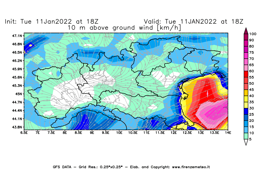Mappa di analisi GFS - Velocità del vento a 10 metri dal suolo [km/h] in Nord-Italia
							del 11/01/2022 18 <!--googleoff: index-->UTC<!--googleon: index-->